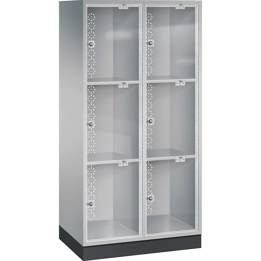 C+P Armario de compartimentos bajo llave de acero INTRO con puerta de cristal acrílico, H x A x P 1750 x 820 x 500 mm, altura de compartimento 510 mm, 6 compartimentos, cuerpo aluminio blanco