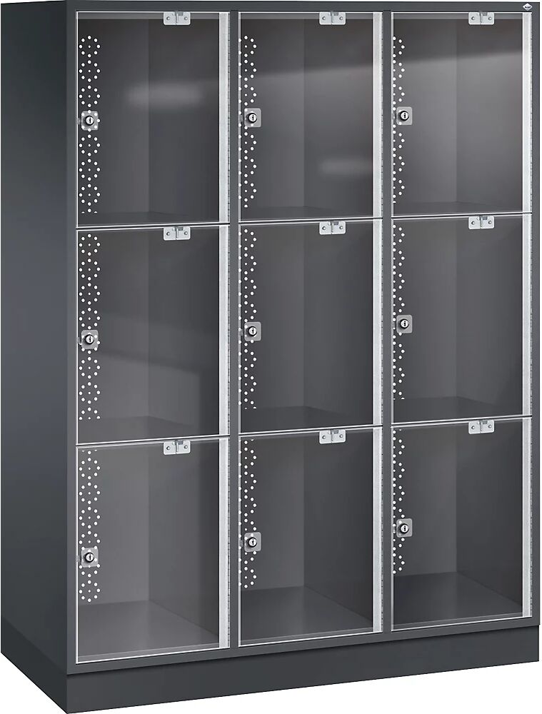 C+P Armario de compartimentos bajo llave de acero INTRO con puerta de cristal acrílico, H x A x P 1750 x 1220 x 500 mm, altura de compartimento 510 mm, 9 compartimentos, cuerpo gris negruzco