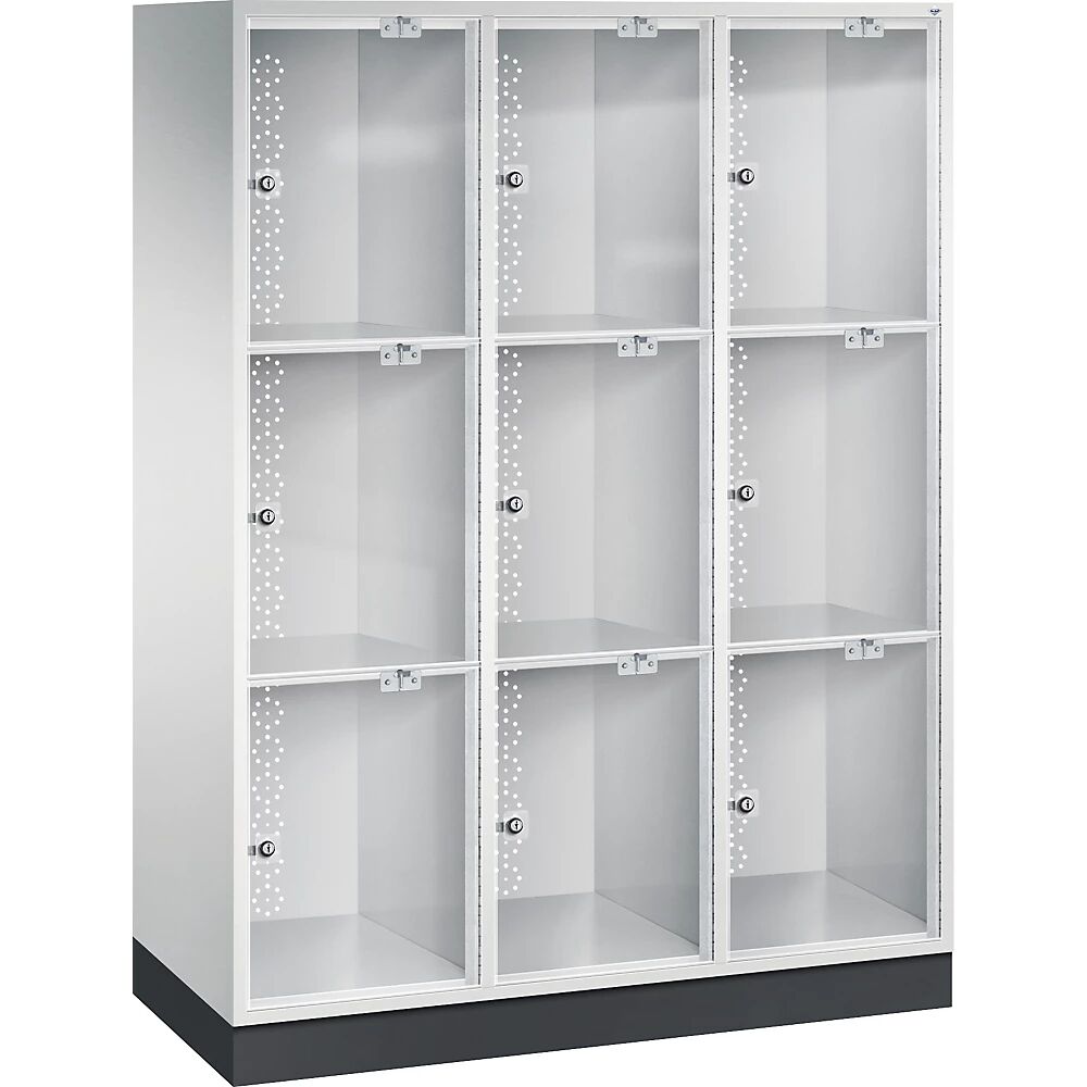 C+P Armario de compartimentos bajo llave de acero INTRO con puerta de cristal acrílico, H x A x P 1750 x 1220 x 500 mm, altura de compartimento 510 mm, 9 compartimentos, cuerpo gris luminoso