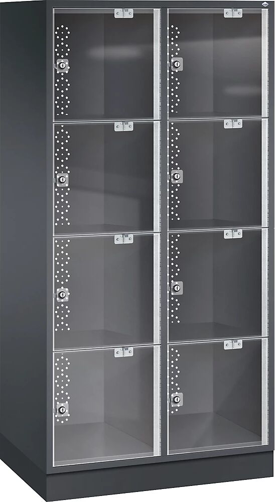 C+P Armario de compartimentos bajo llave de acero INTRO con puerta de cristal acrílico, H x A x P 1750 x 820 x 500 mm, altura de compartimento 380 mm, 8 compartimentos, cuerpo gris negruzco