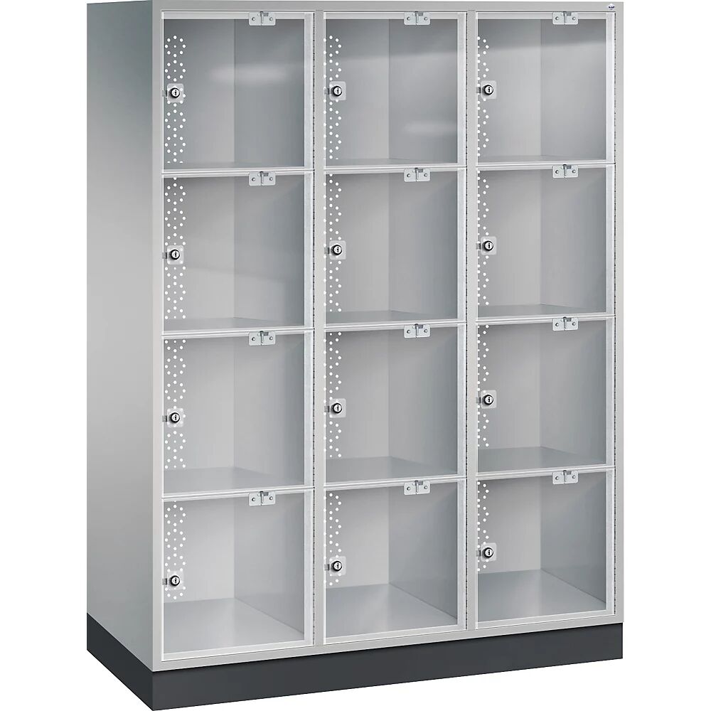 C+P Armario de compartimentos bajo llave de acero INTRO con puerta de cristal acrílico, H x A x P 1750 x 1220 x 500 mm, altura de compartimento 380 mm, 12 compartimentos, cuerpo aluminio blanco