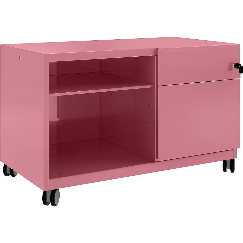 BISLEY Note™ CADDY, H x A x P 563 x 900 x 490 mm, a la derecha 1 cajón universal y archivador colgante, rosa