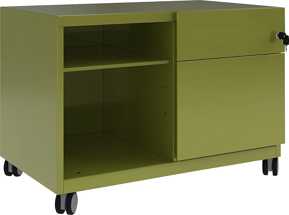 BISLEY Note™ CADDY, H x A x P 563 x 800 x 490 mm, a la derecha 1 cajón universal y archivador colgante, verde