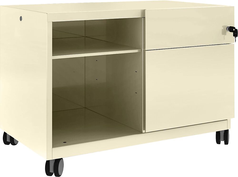 BISLEY Note™ CADDY, H x A x P 563 x 800 x 490 mm, a la derecha 1 cajón universal y archivador colgante, marfil claro