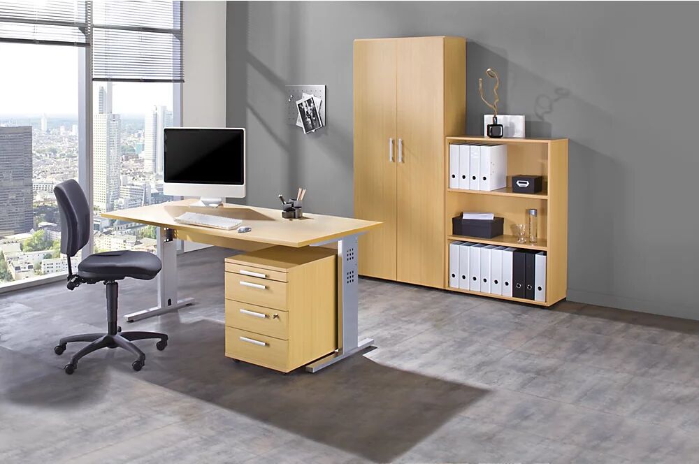 kaiserkraft MULTI - Oficina completa, 1 escritorio, 1 estantería, 1 buck rodante, 1 armario para archivadores, con silla giratoria de oficina en negro, decoración de haya