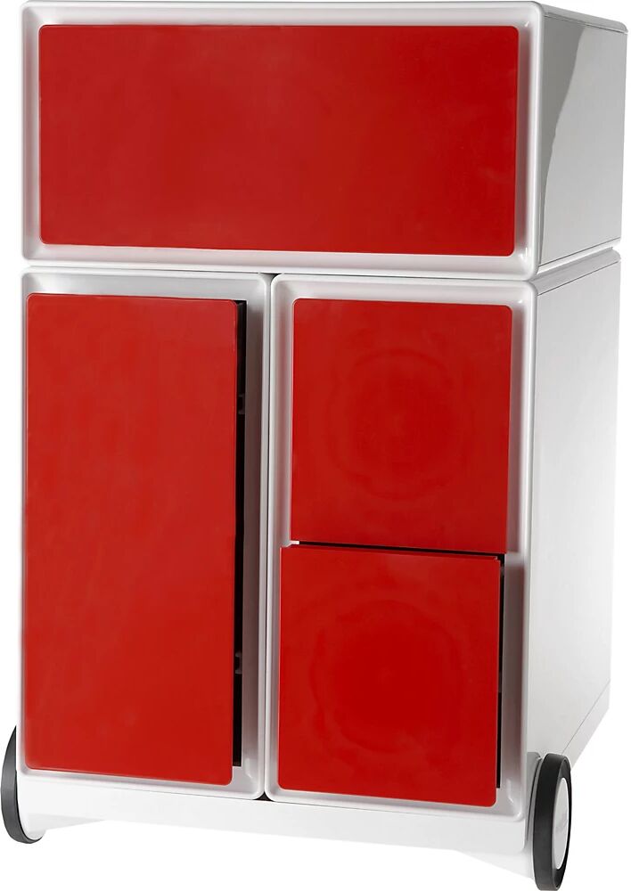 Paperflow Buck rodante easyBox®, 1 cajón, 1 cajón para archivadores colgantes, 2 cajones para CD, blanco / rojo