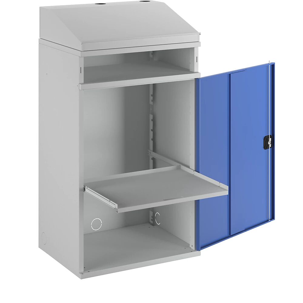 RAU Pupitre alto industrial, con compartimento abierto encima del armario, anchura 650 mm, gris luminoso / azul genciana