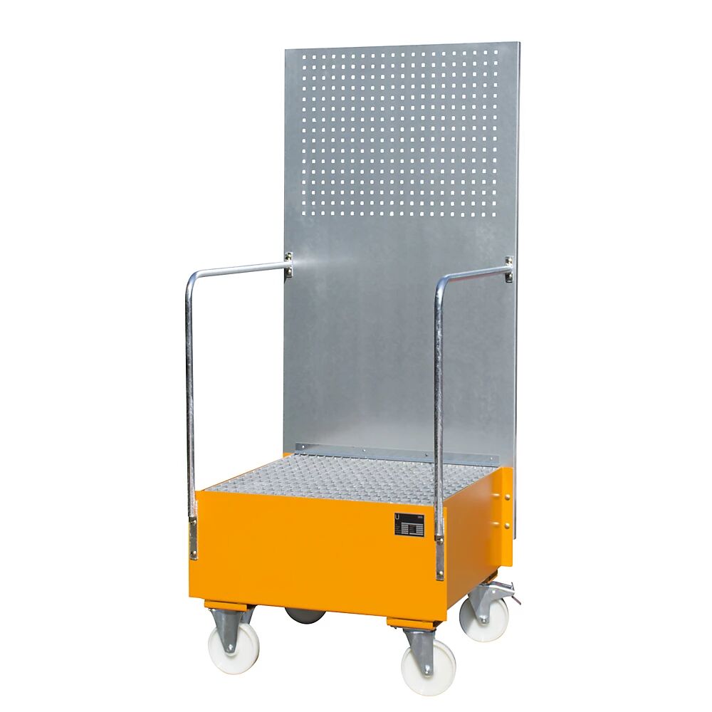 eurokraft pro Cubeta colectora rodante con pared de placas perforadas, 1 bidón de 200 l de pie, L x A x H 870 x 890 x 2110 mm, amarillo naranja