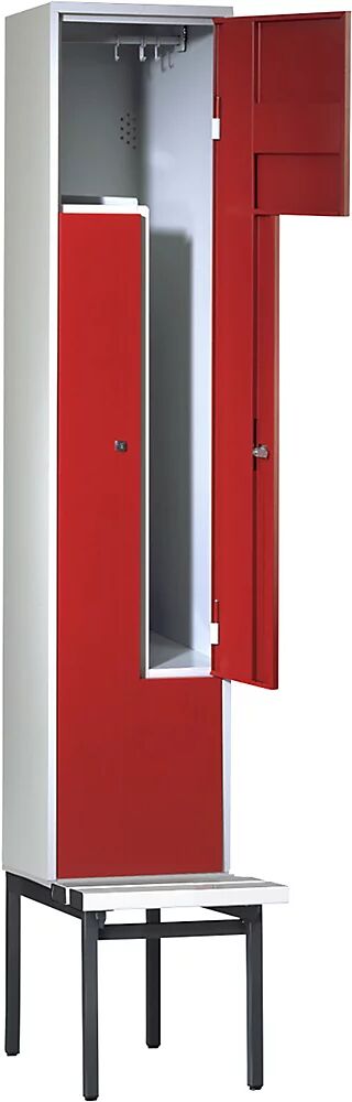 Wolf Armario guardarropa en Z con banco, H x A x P 2140 x 400 x 500 mm, 2 compartimentos, puertas en rojo vivo