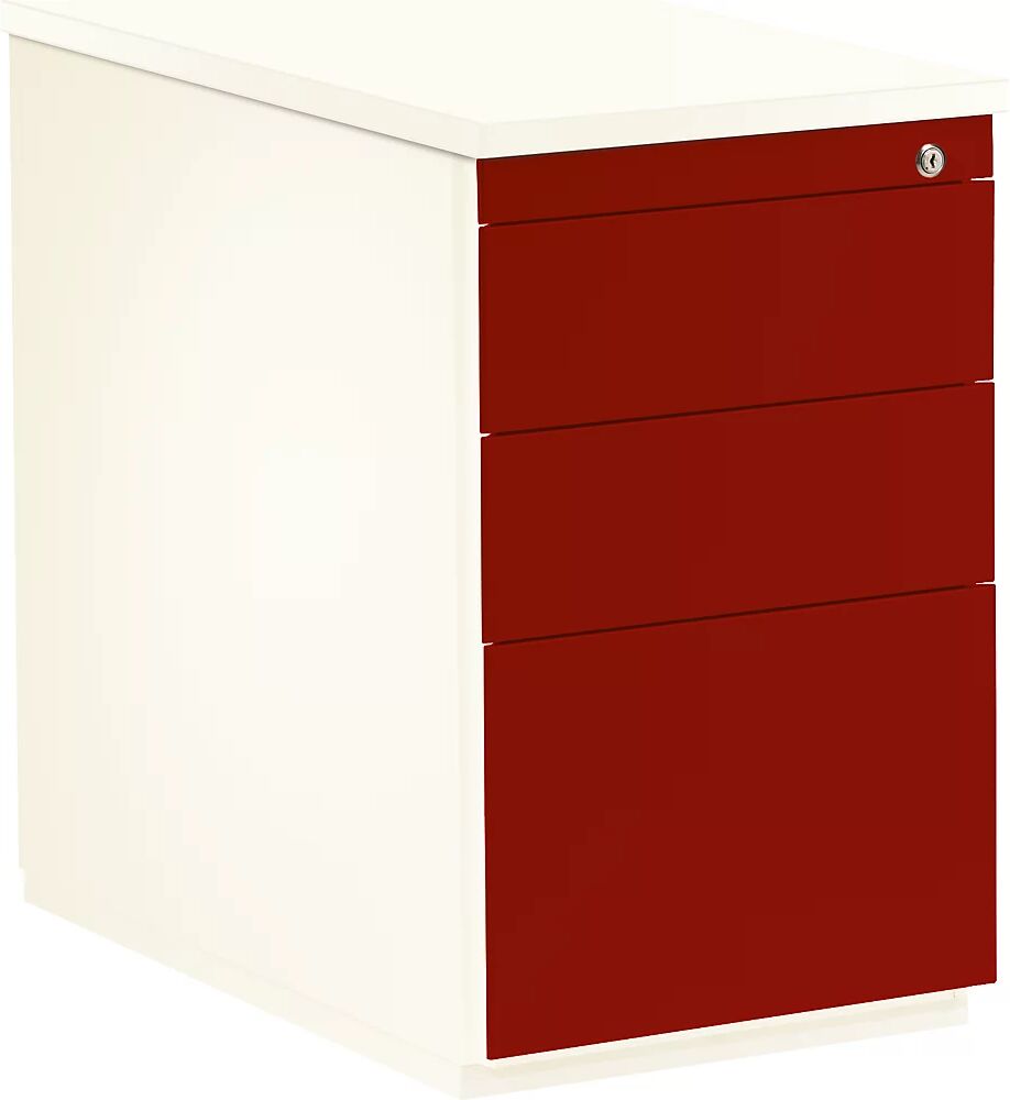 mauser Contenedor con cajones, H x P 720 x 800 mm, 2 cajones para material, 1 archivador colgante, blanco puro / rojo rubí / blanco puro