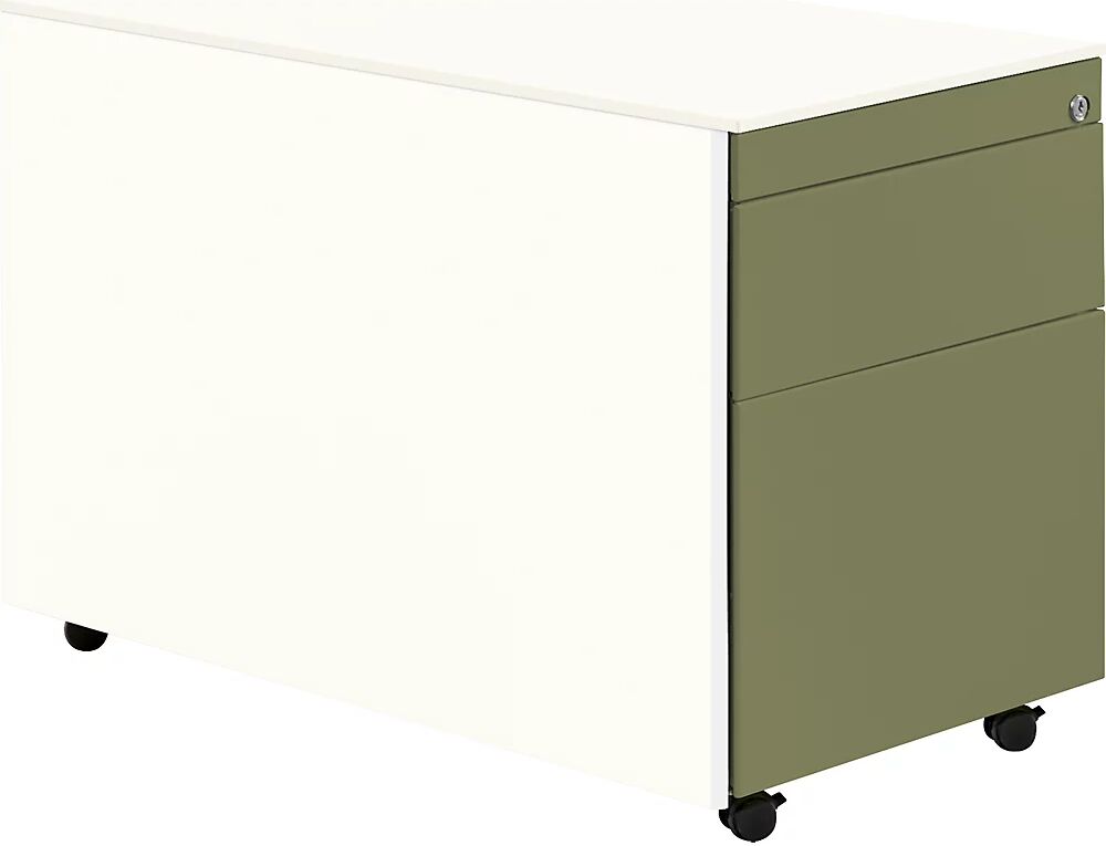 mauser Buck rodante, H x P 570 x 800 mm, 1 cajón para material, 1 archivador colgante, blanco puro / verde caña / blanco puro