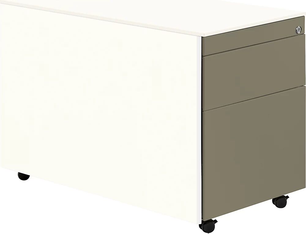 mauser Buck rodante, H x P 570 x 800 mm, 1 cajón para material, 1 archivador colgante, blanco puro / gris beige / blanco puro