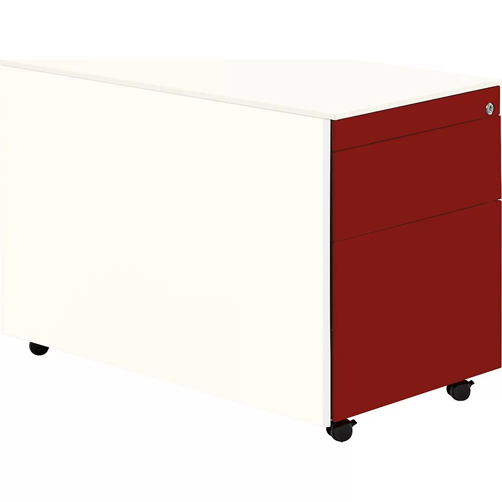 mauser Buck rodante, H x P 570 x 800 mm, 1 cajón para material, 1 archivador colgante, blanco puro / rojo rubí / blanco puro
