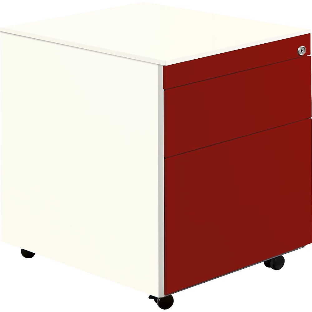 mauser Buck rodante, H x P 570 x 600 mm, 1 cajón para material, 1 archivador colgante, blanco puro / rojo rubí / blanco puro