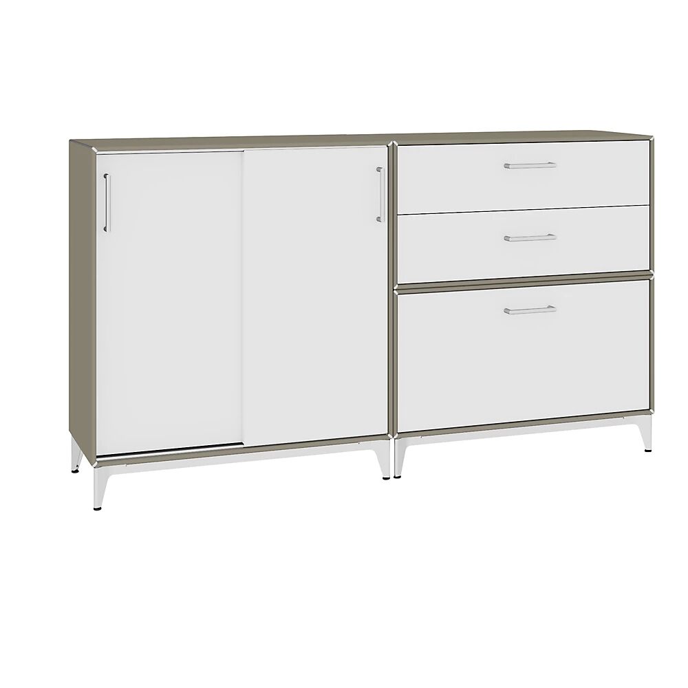 mauser Mueble bajo, puertas correderas, 3 cajones, gris beige / blanco puro