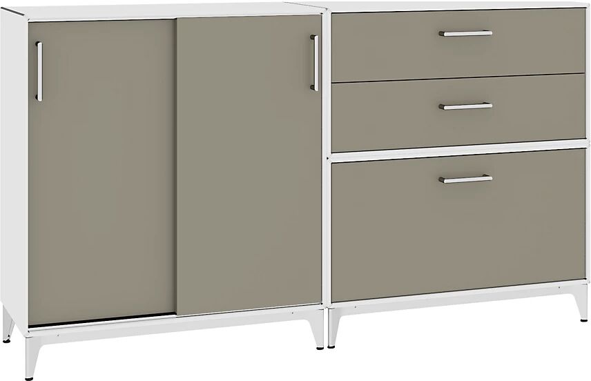 mauser Mueble bajo, puertas correderas, 3 cajones, blanco puro / gris beige