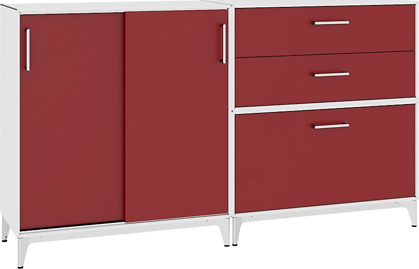 mauser Mueble bajo, puertas correderas, 3 cajones, blanco puro / rojo rubí