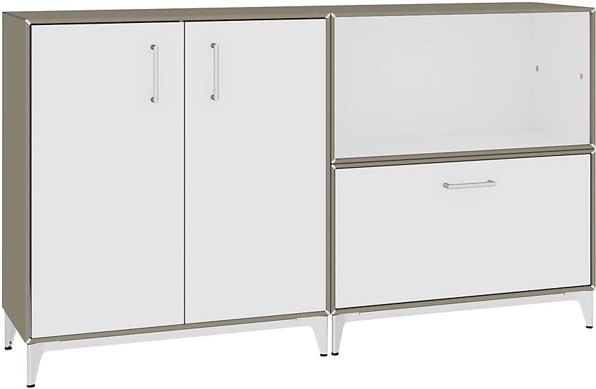 mauser Mueble bajo, puertas batientes, 1 cajón, 1 compartimento, gris beige / blanco puro