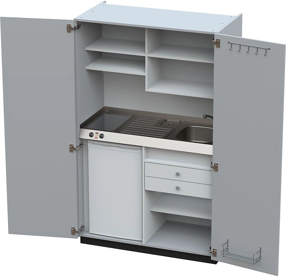 kaiserkraft Cocina-armario con puertas batientes, 2 placas de vitrocerámica, fregadero a la derecha, gris, 1956 x 1200 x 650 mm