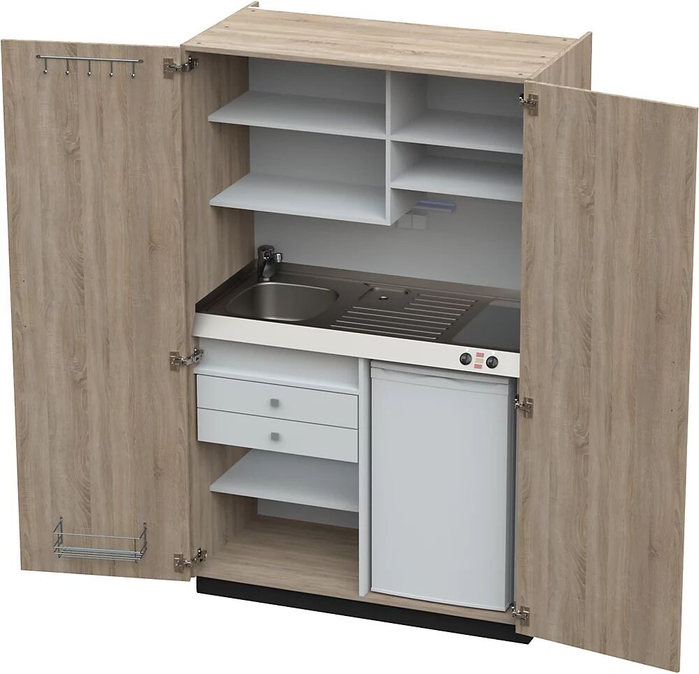 kaiserkraft Cocina-armario con puertas batientes, 2 placas de vitrocerámica, fregadero a la izquierda, roble, 1956 x 1200 x 650 mm