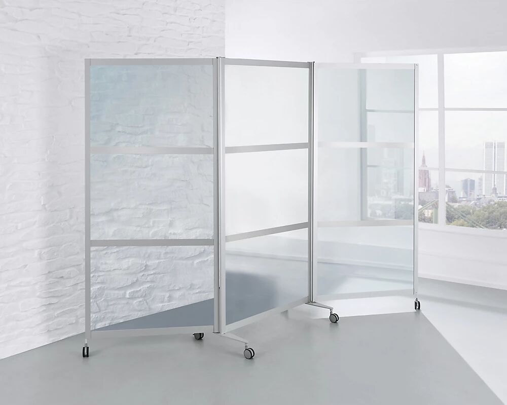 kaiserkraft Biombo móvil, ignífugo, marco de aluminio con vidrio de seguridad ESG, H x A x P 1900 x 2800 x 450 mm, transparente