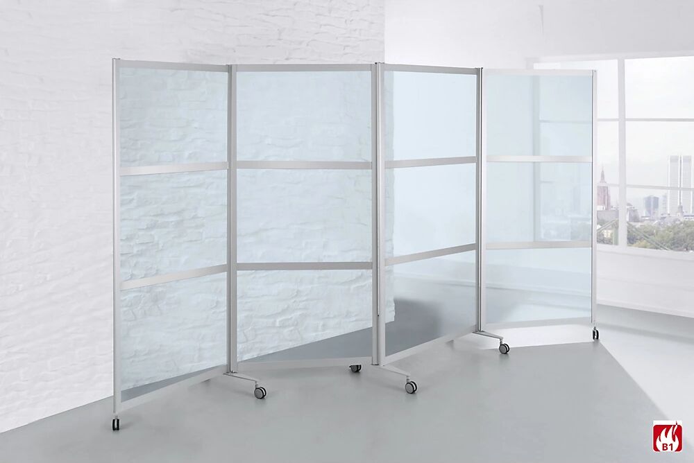 kaiserkraft Biombo móvil, ignífugo, marco de aluminio con vidrio de seguridad ESG, H x A x P 1900 x 3700 x 450 mm, transparente