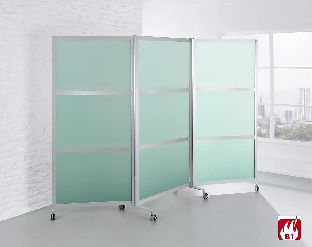 kaiserkraft Biombo móvil, ignífugo, marco de aluminio con vidrio de seguridad ESG, H x A x P 1900 x 2800 x 450 mm, satinado