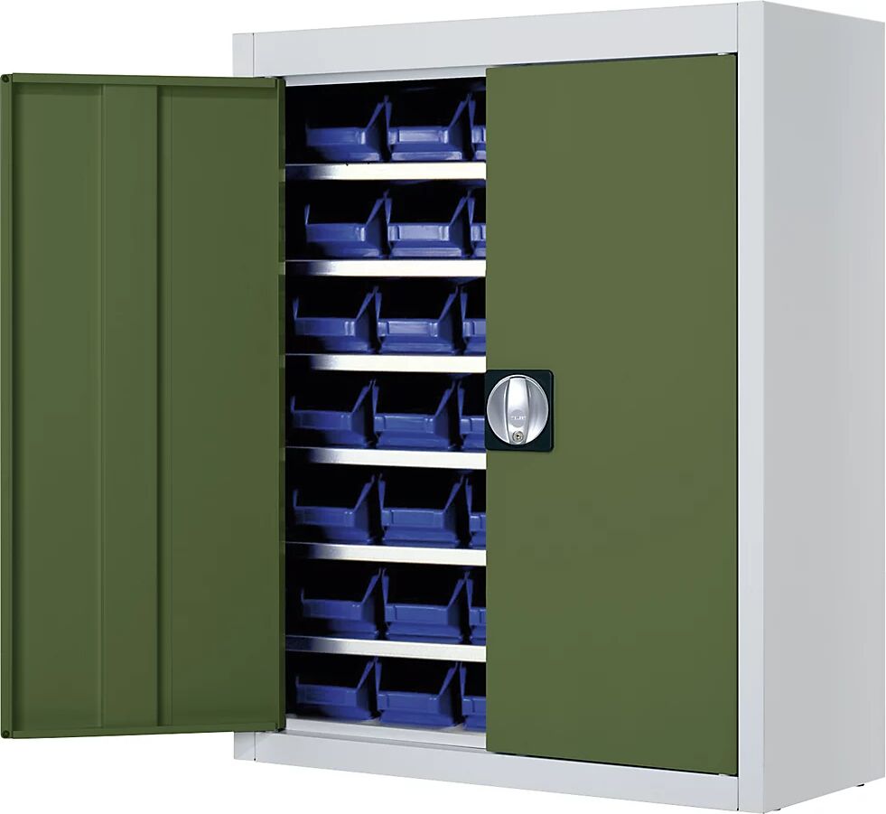 mauser Armario-almacén con cajas visualizables, H x A x P 820 x 680 x 280 mm, bicolor, cuerpo gris, puertas en verde, 42 cajas