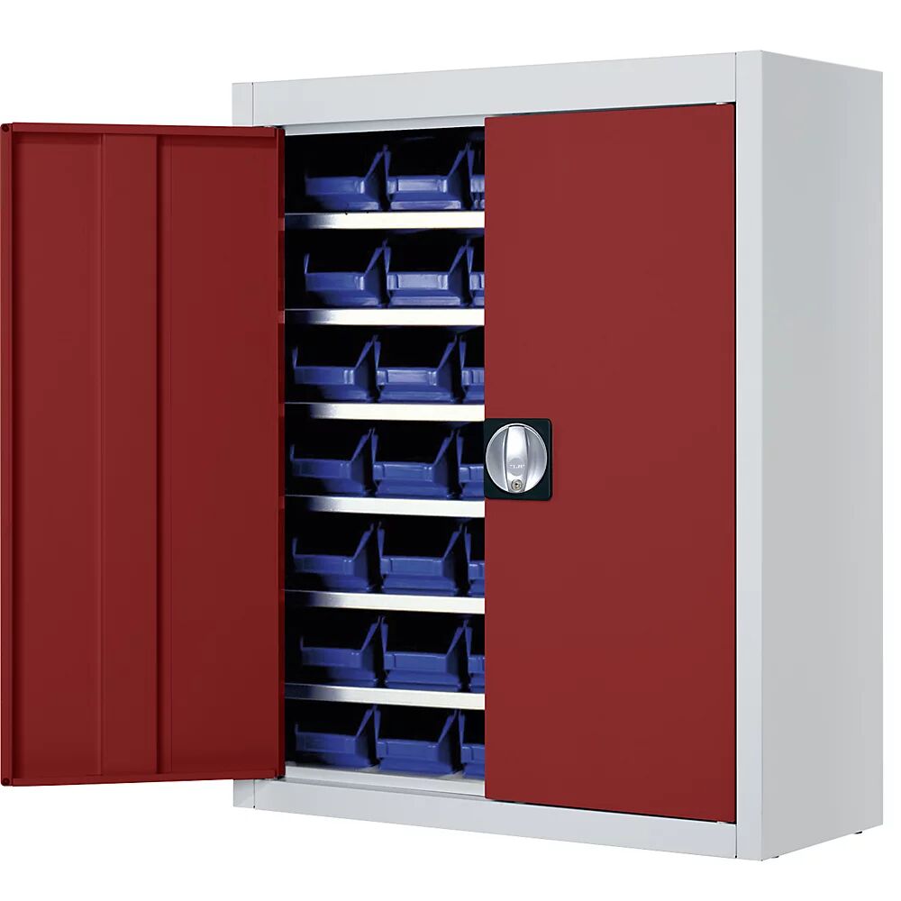 mauser Armario-almacén con cajas visualizables, H x A x P 820 x 680 x 280 mm, bicolor, cuerpo gris, puertas en rojo, 42 cajas