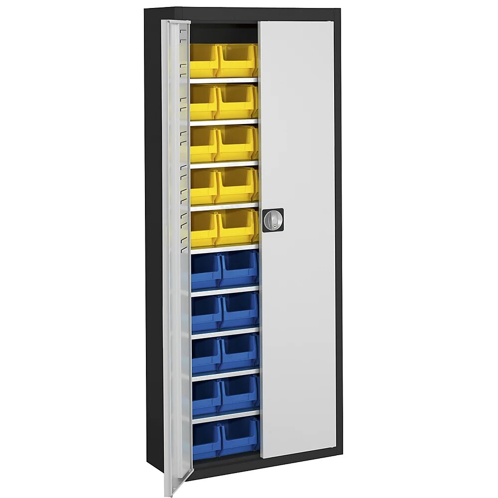 mauser Armario-almacén con cajas visualizables, H x A x P 1740 x 680 x 280 mm, bicolor, cuerpo negro, puertas en gris, 40 cajas
