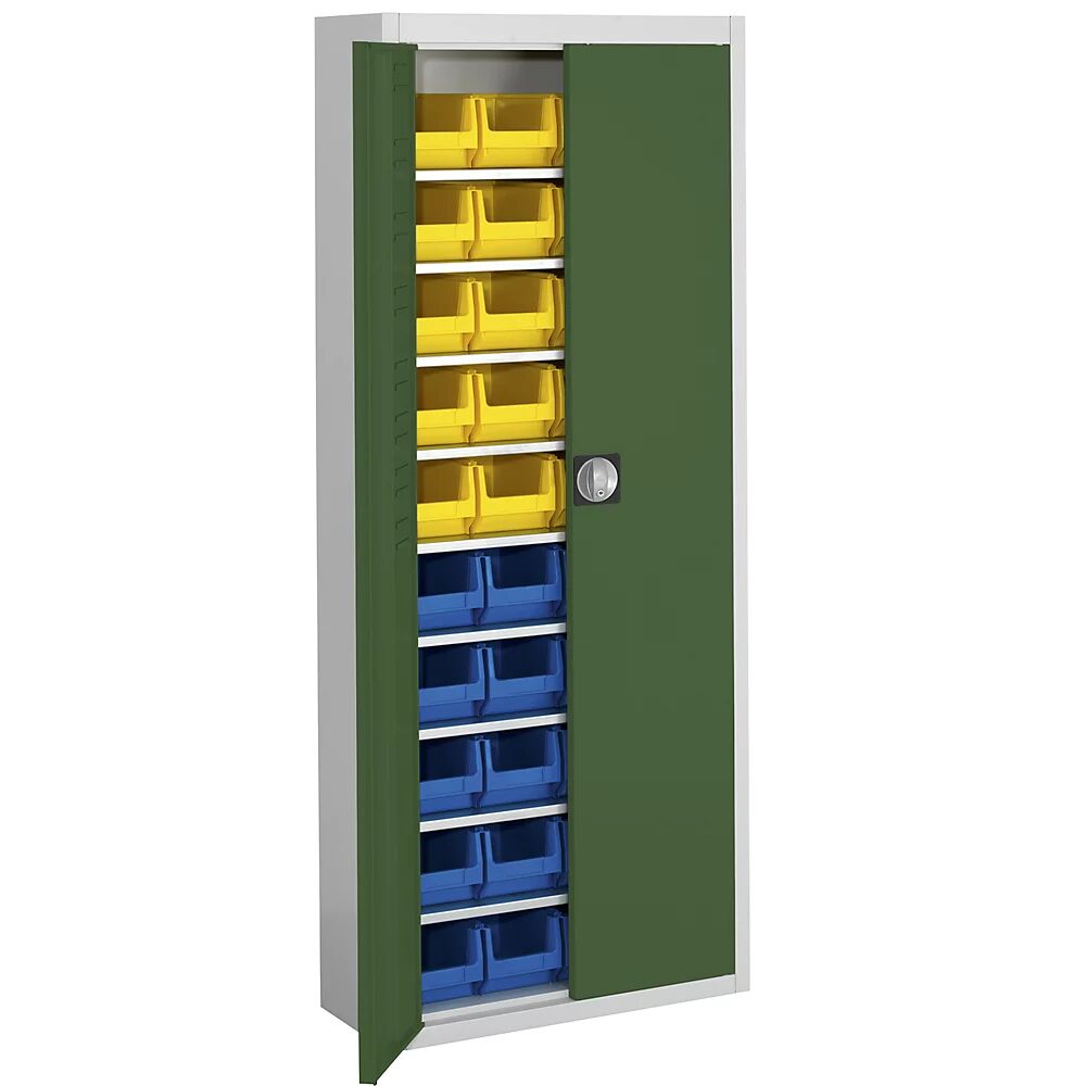 mauser Armario-almacén con cajas visualizables, H x A x P 1740 x 680 x 280 mm, bicolor, cuerpo gris, puertas en verde, 40 cajas