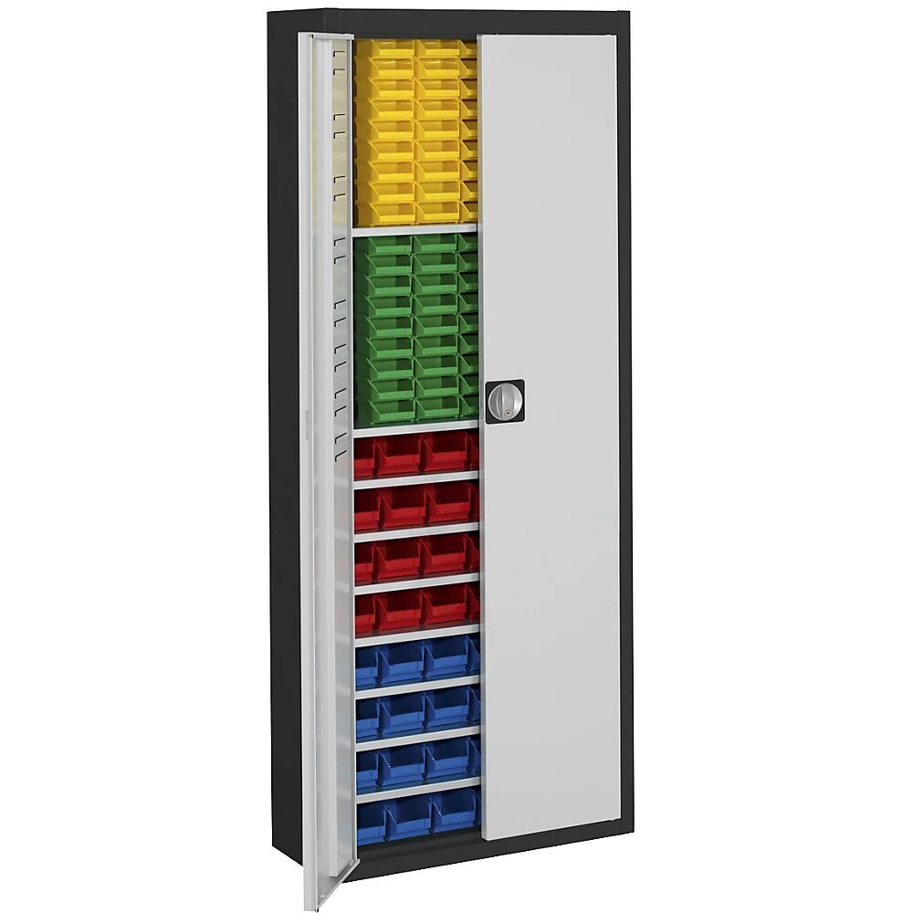 mauser Armario-almacén con cajas visualizables, H x A x P 1740 x 680 x 280 mm, bicolor, cuerpo negro, puertas en gris, 138 cajas