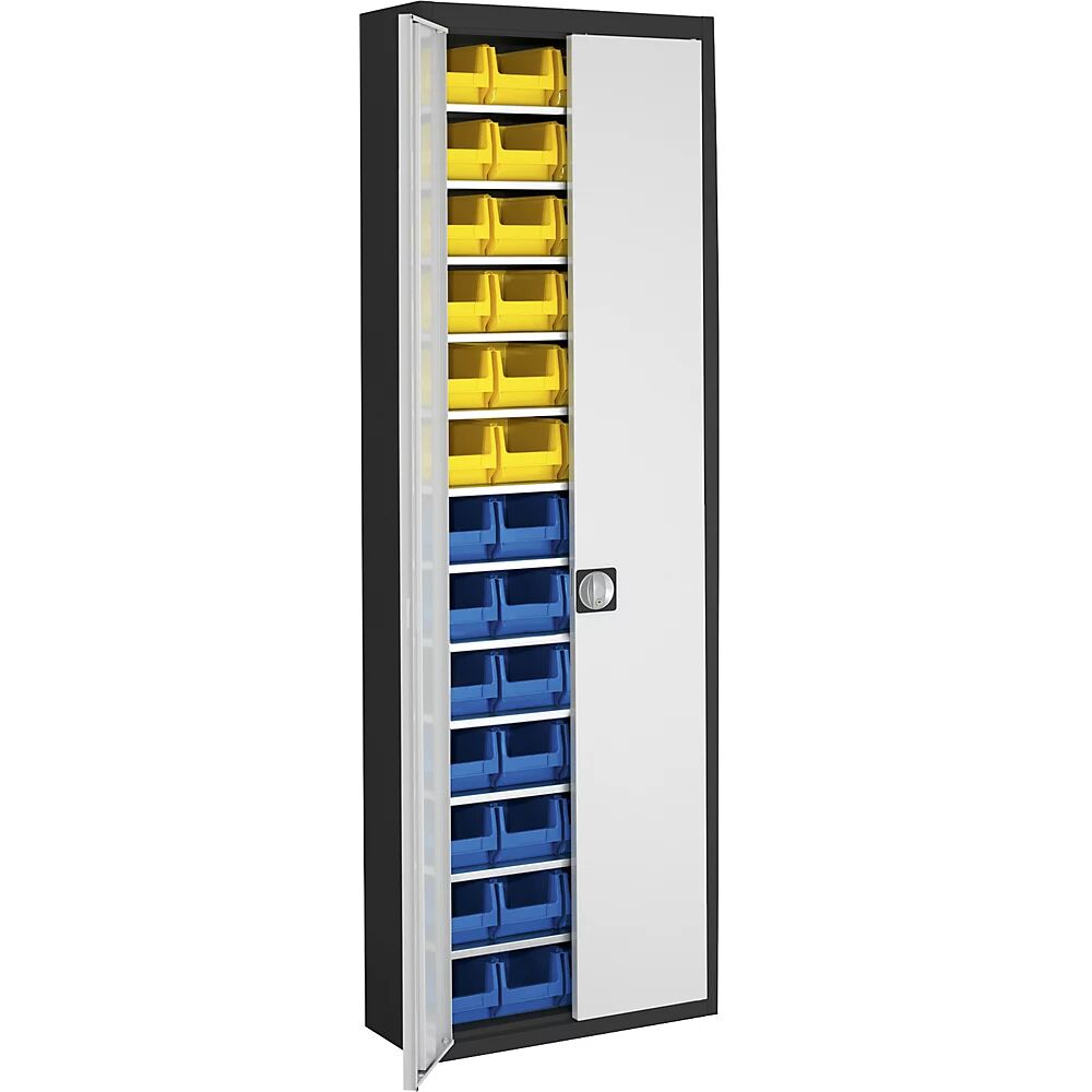 mauser Armario-almacén con cajas visualizables, H x A x P 2150 x 680 x 280 mm, bicolor, cuerpo negro, puertas en gris, 52 cajas
