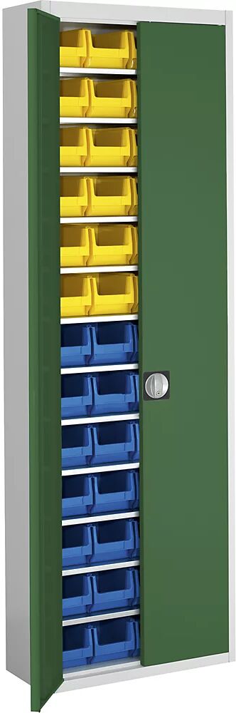 mauser Armario-almacén con cajas visualizables, H x A x P 2150 x 680 x 280 mm, bicolor, cuerpo gris, puertas en verde, 52 cajas