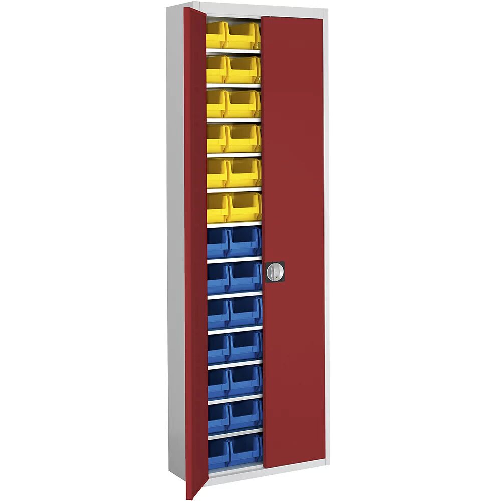 mauser Armario-almacén con cajas visualizables, H x A x P 2150 x 680 x 280 mm, bicolor, cuerpo gris, puertas en rojo, 52 cajas