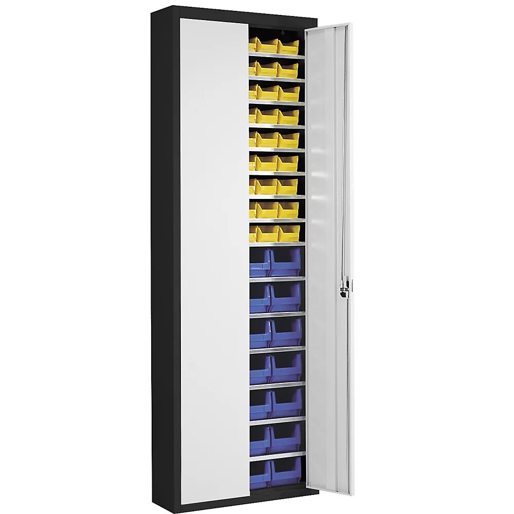 mauser Armario-almacén con cajas visualizables, H x A x P 2150 x 680 x 280 mm, bicolor, cuerpo negro, puertas en gris, 82 cajas