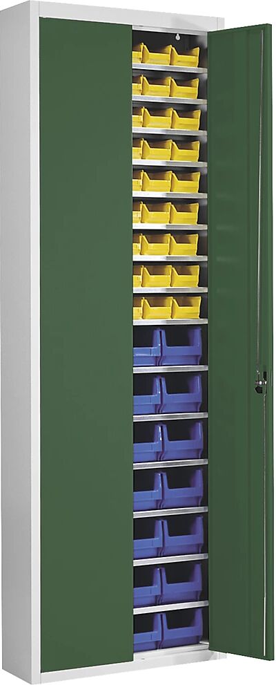 mauser Armario-almacén con cajas visualizables, H x A x P 2150 x 680 x 280 mm, bicolor, cuerpo gris, puertas en verde, 82 cajas