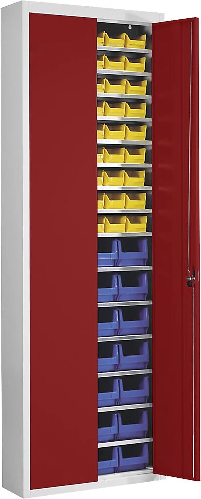 mauser Armario-almacén con cajas visualizables, H x A x P 2150 x 680 x 280 mm, bicolor, cuerpo gris, puertas en rojo, 82 cajas