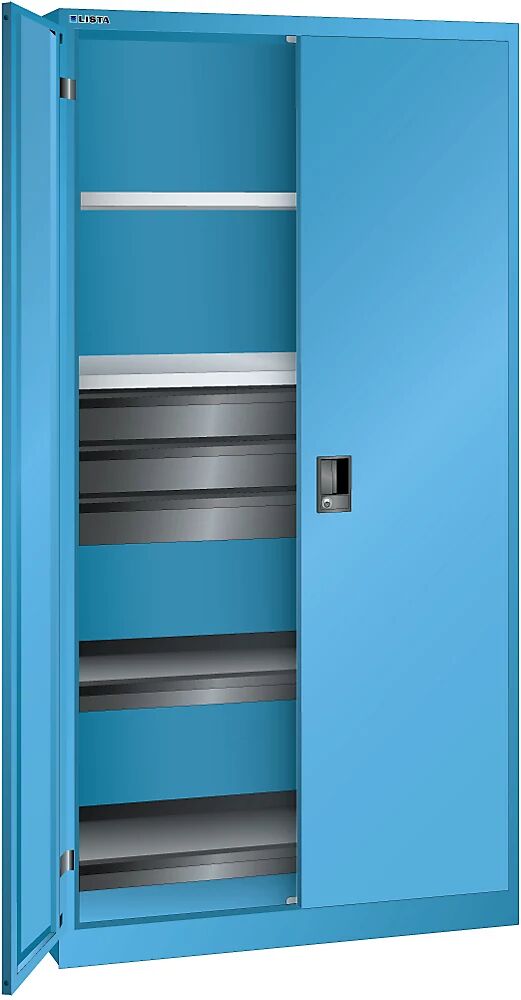 LISTA Armario de puertas batientes, H x A x P 1950 x 1000 x 580 mm, cuerpo vacío con 2 baldas, 2 baldas extraíbles y 3 cajones, azul luminoso