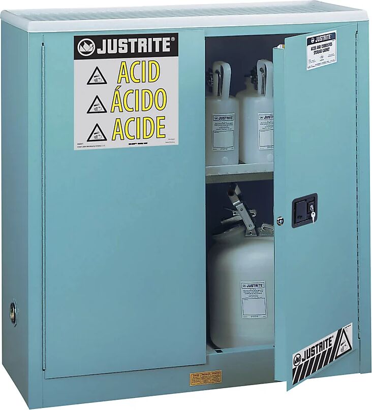 Justrite Armario de seguridad FM, H x A x P 1118 x 1092 x 457 mm, puertas manuales, para ácidos y bases, azul