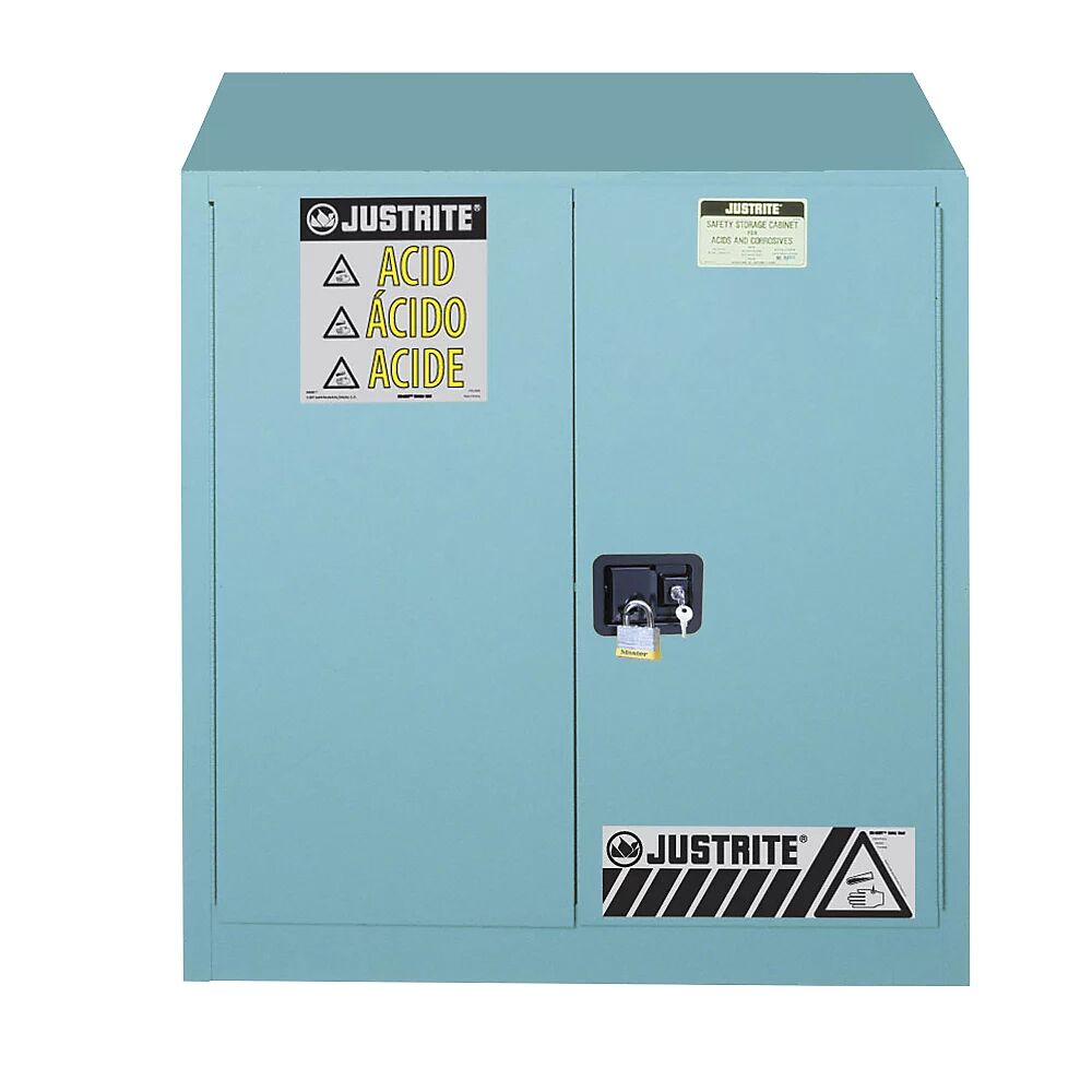 Justrite Armario de seguridad FM, H x A x P 1118 x 1092 x 457 mm, puertas de cierre automático, para ácidos y bases, azul