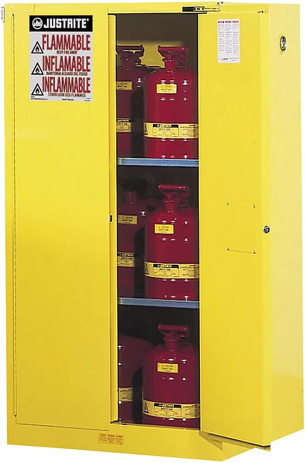 Justrite Armario de seguridad FM, H x A x P 1651 x 864 x 864 mm, puertas de cierre automático, para sustancias contaminantes del agua, amarillo