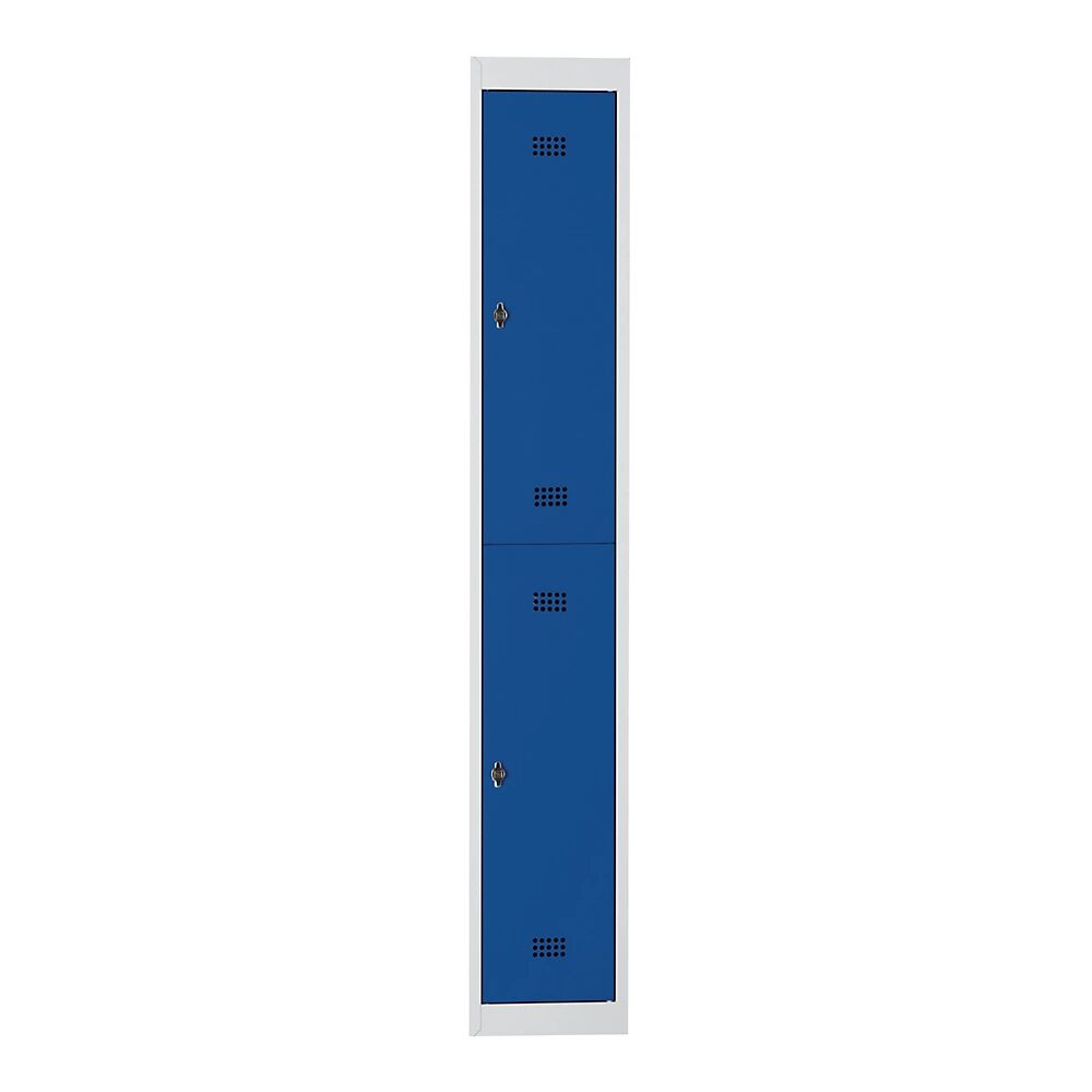 Wolf Taquilla de acero, pintado al horno, 2 compartimentos, altura 840 mm, anchura 300 mm, 1 barra perchero, módulo de ampliación, gris luminoso / azul genciana
