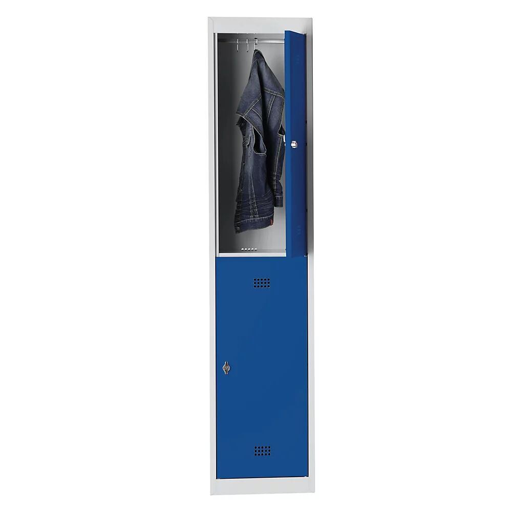 Wolf Taquilla de acero, pintado al horno, 2 compartimentos, altura 840 mm, anchura 400 mm, 1 barra perchero, módulo de ampliación, gris luminoso / azul genciana