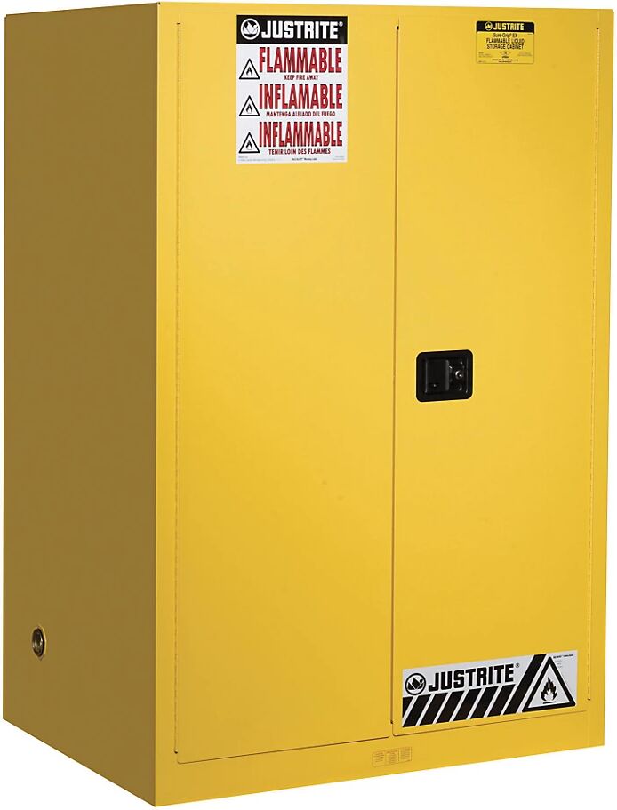 Justrite Armario de seguridad FM, H x A x P 1651 x 1092 x 864 mm, puertas de cierre automático, para sustancias contaminantes del agua, amarillo