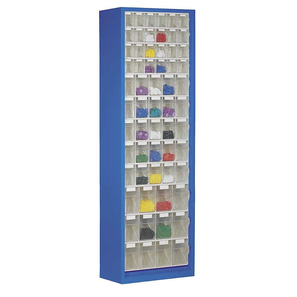 kaiserkraft Armario-almacén de chapa de acero, con 61 cajas plegables transparentes, azul genciana