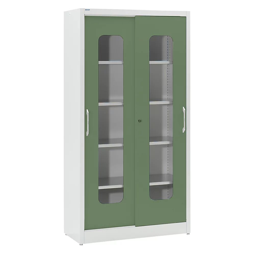 mauser Armario de puertas correderas con ventanilla, con 4 baldas, H x A 1950 x 1000 mm, profundidad 500 mm, puertas en color verde reseda