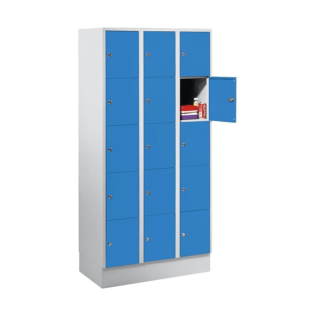 Wolf Armario de compartimentos bajo llave, con zócalo, 15 compartimentos, 300 mm, gris luminoso / azul luminoso