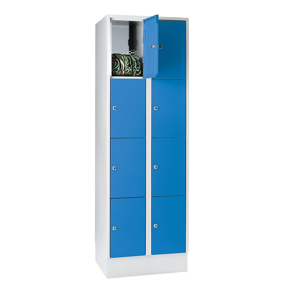 Wolf Armario de compartimentos bajo llave, con zócalo, 8 compartimentos, 300 mm, gris luminoso / azul luminoso