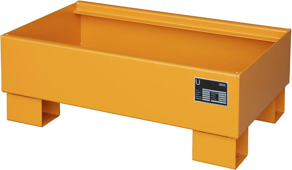 eurokraft pro Cubeta colectora de acero para bidón de 60 l, L x A x H 800 x 500 x 290 mm, pintado de amarillo naranja RAL 2000, sin rejilla